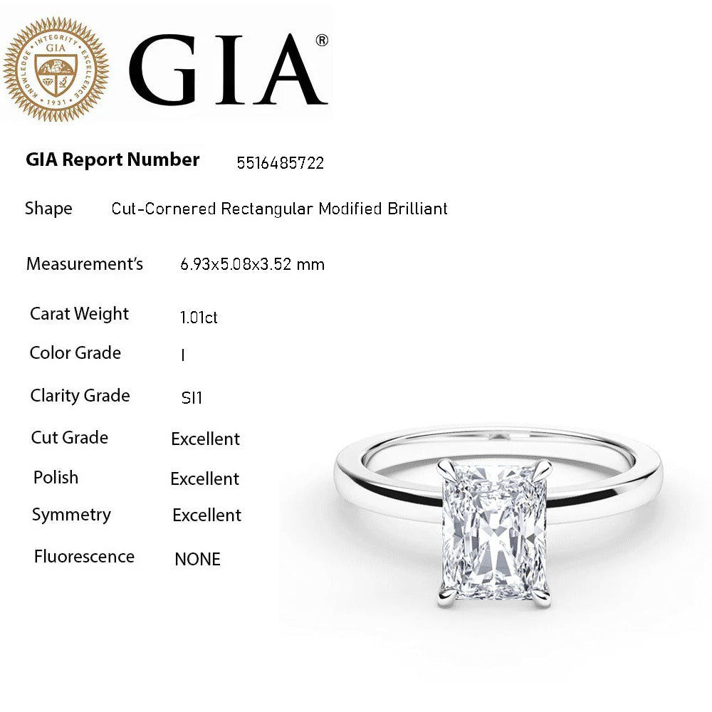 SPECIAL! 1.01ct I-SI1 GIA CERTIFIED 14K White Gold Radiant Cut Diamond Solitaire Ring Band Size 7