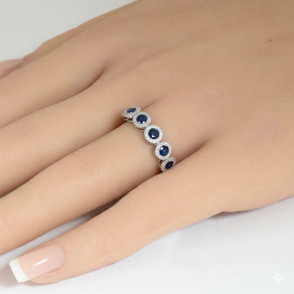 SPECIAL! .90ct G SI 14kt White Gold Diamond & Blue Sapphire Gemstone Band Ring Size 6.5