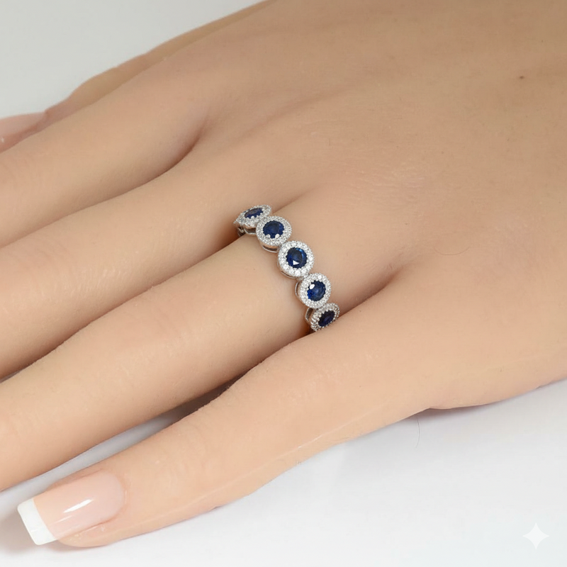 SPECIAL! .90ct G SI 14kt White Gold Diamond & Blue Sapphire Gemstone Band Ring Size 6.5