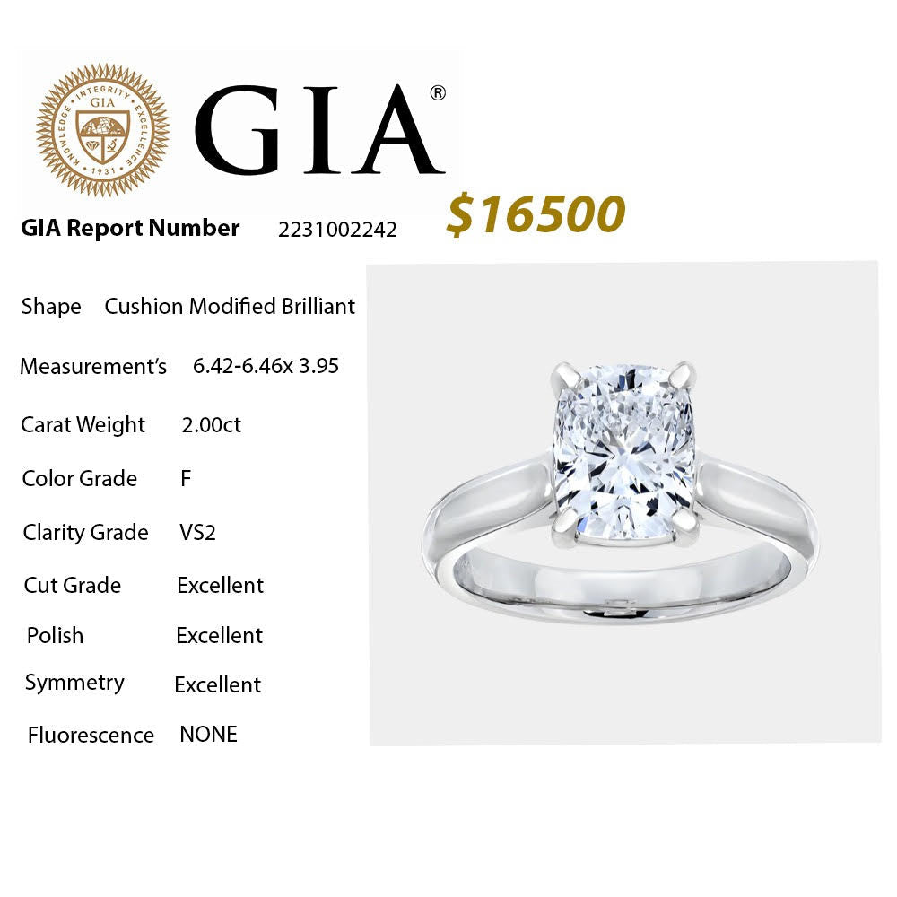 SPECIAL! 2.00CT F VS2  GIA CERTIFIED Cushion Modified Brilliant Radiant Cut Natural Diamond