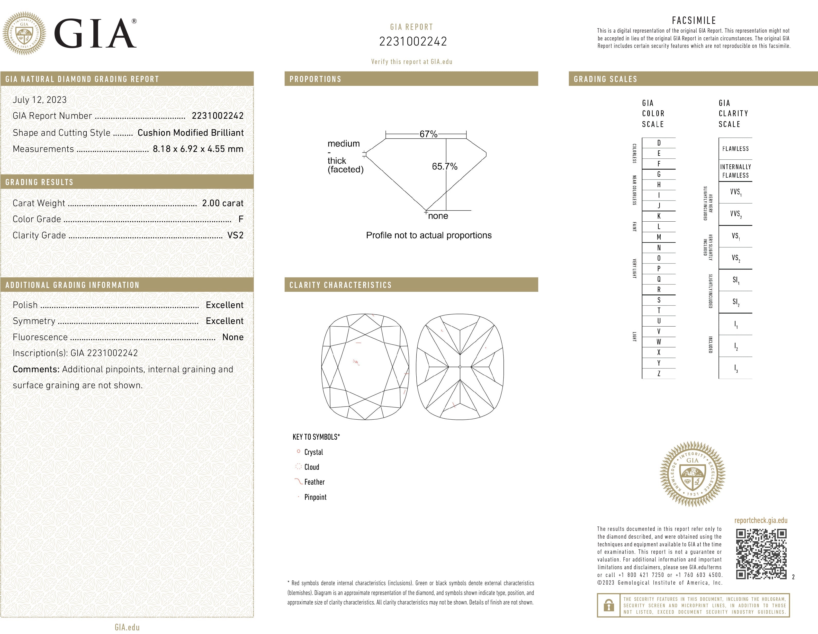 2.00CT F VS2 Loose Cushion Cut Natural Diamond GIA CERTIFIED