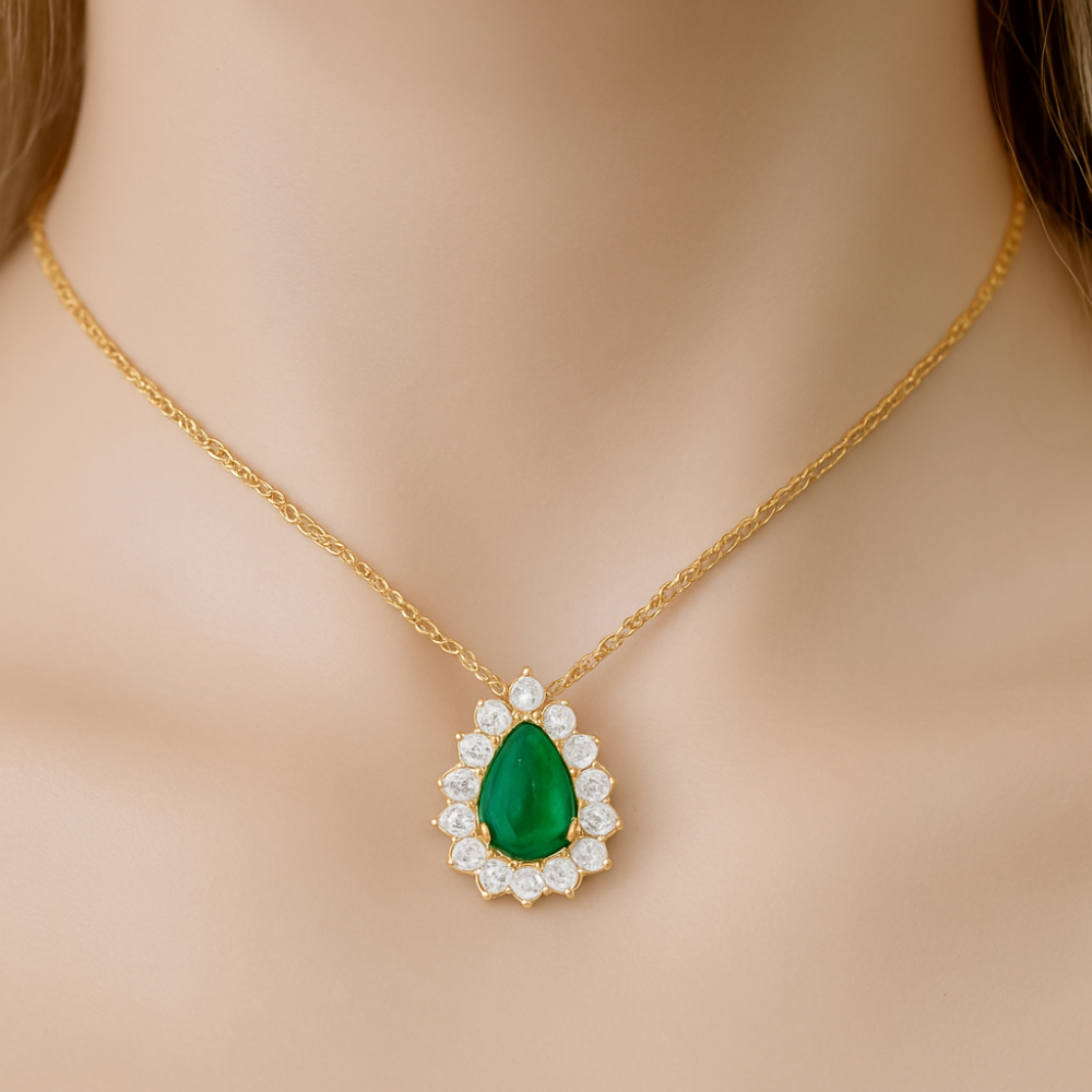 SPECIAL! 1.01ct G SI 14K Yellow Gold Diamond & Pear Shape Emerald Gemstone Pendant Necklace 18" Chain