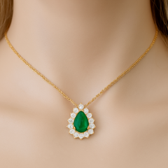 SPECIAL! 1.01ct G SI 14K Yellow Gold Diamond & Pear Shape Emerald Gemstone Pendant Necklace 18" Chain