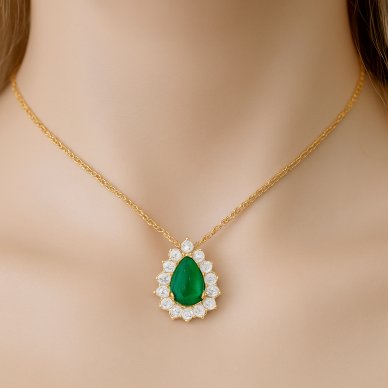 SPECIAL! 1.01ct G SI 14K Yellow Gold Diamond & Pear Shape Emerald Gemstone Pendant Necklace 18" Chain