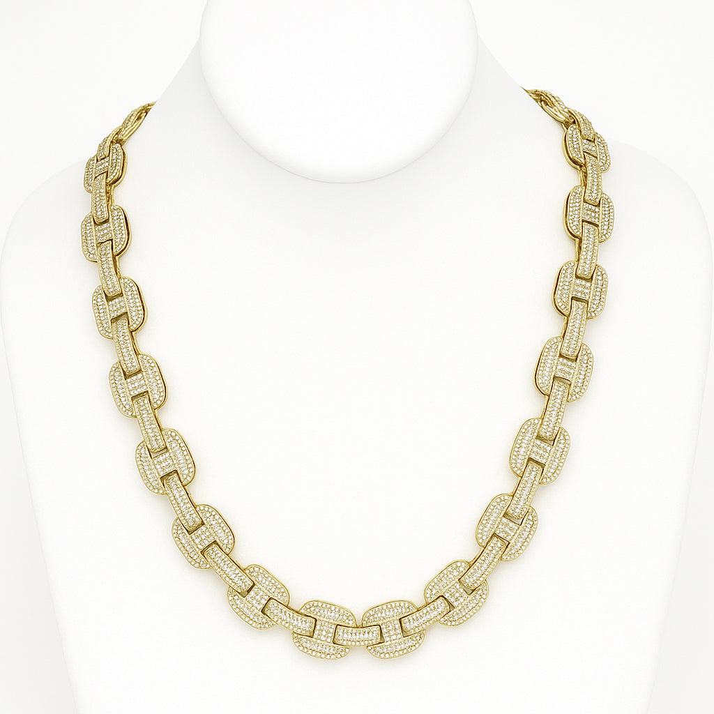 DIAMOND  CLOSEOUT! 15mm 29.63ct G SI 14K Yellow Gold Iced Out Diamond Round & Baguette Necklace 22"