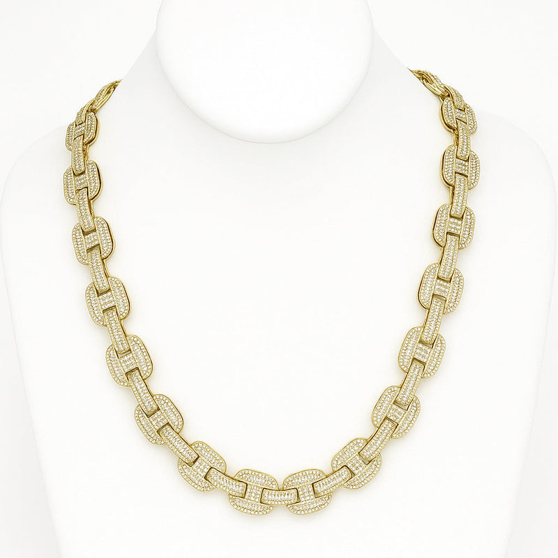 DIAMOND  CLOSEOUT! 15mm 29.63ct G SI 14K Yellow Gold Iced Out Diamond Round & Baguette Necklace 22"