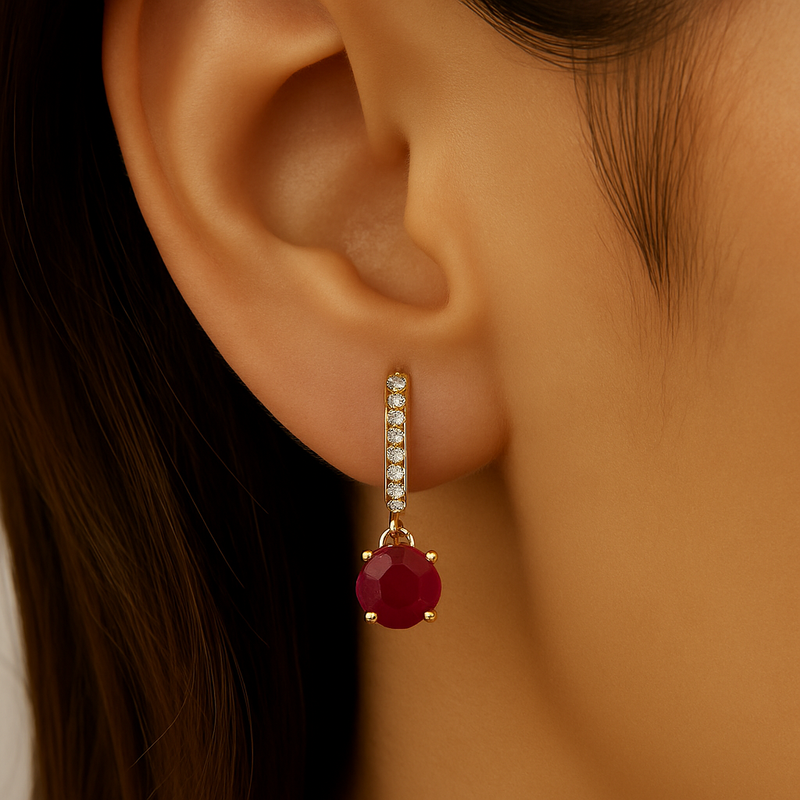 SPECIAL!1.53ct G SI 14K Yellow Gold Diamond & Ruby Gemstone Hoop Huggie Dangle Earrings