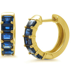 SPECIAL! 2.80ct G SI 14K Yellow Gold Emerald Cut Blue Sapphire Gemstones Hoop Huggie Earrings