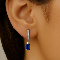SPECIAL!.57ct G SI 14K White Gold Diamond & Blue Sapphire Gemstone Hoop Huggie Dangle Earrings