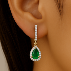 SPECIAL!.95ct G SI 14K Yellow Gold Round Diamond & Pear Shape Emerald Gemstone Drop Earrings