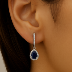 SPECIAL!1.04ct G SI 14K White Gold Diamond & Pear Shape Blue Sapphire Gemstone Dangle Earrings