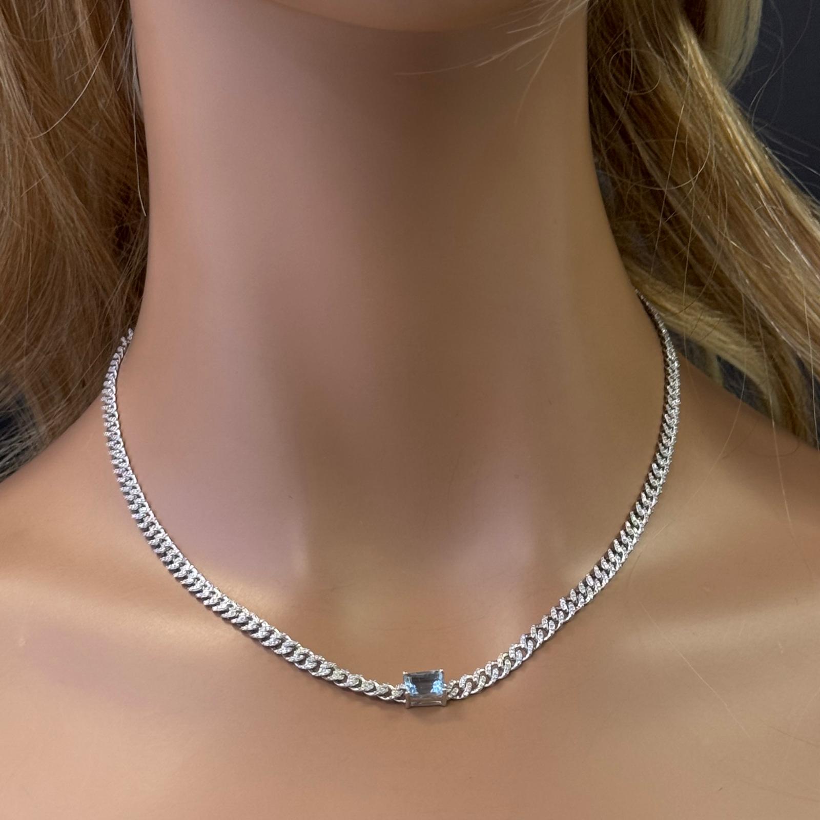 GEMSTONE CLOSEOUT!  2.46ct G SI 14K White Gold Aquamarine Gemstone & Diamond Cuban Necklace 13+3" Long