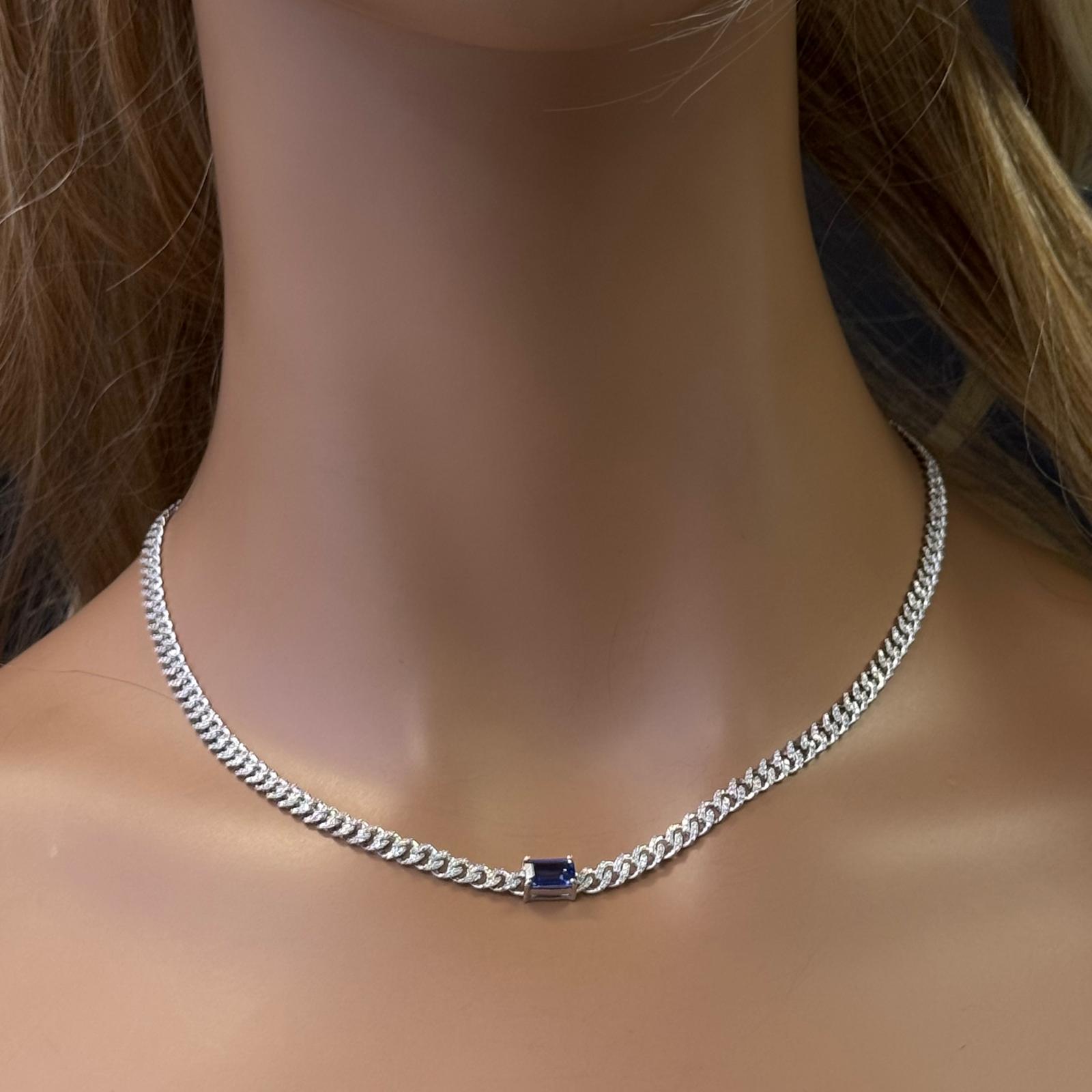 SPECIAL! 2.07ct G SI 14K White Gold Blue Sapphire Gemstone & Diamond Cuban Necklace 15+3" Long