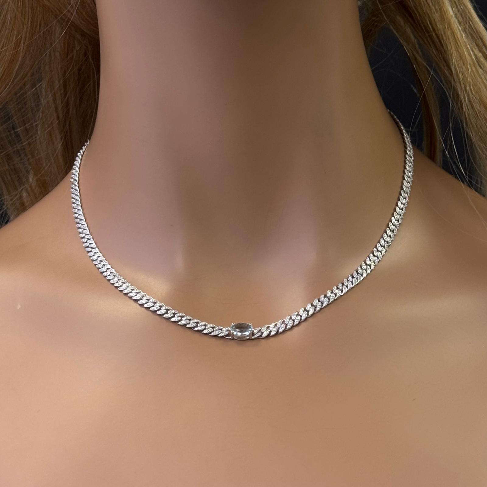 GEMSTONE  CLOSEOUT!  2.03ct G SI 14K White Gold Oval Shaped Aqua Gemstone & Diamond Cuban Necklace 13+3" Long