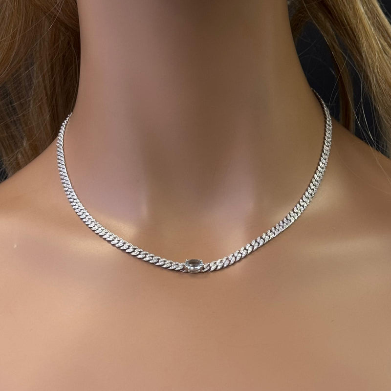 GEMSTONE  CLOSEOUT!  2.03ct G SI 14K White Gold Oval Shaped Aqua Gemstone & Diamond Cuban Necklace 13+3" Long