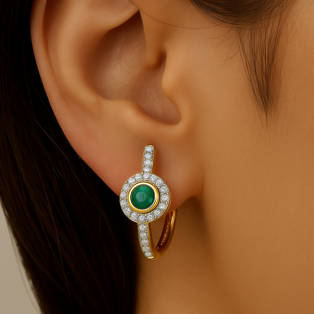 SPECIAL!.45ct G SI 14K Yellow Gold Diamond & Emerald Gemstone Halo Hoop Earrings