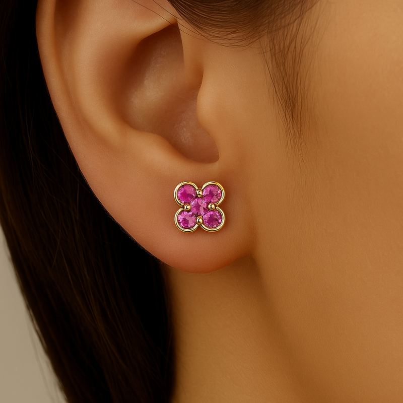 .30ct G SI 14K Yellow Gold Pink Sapphire Gemstone Clover Stud Earrings