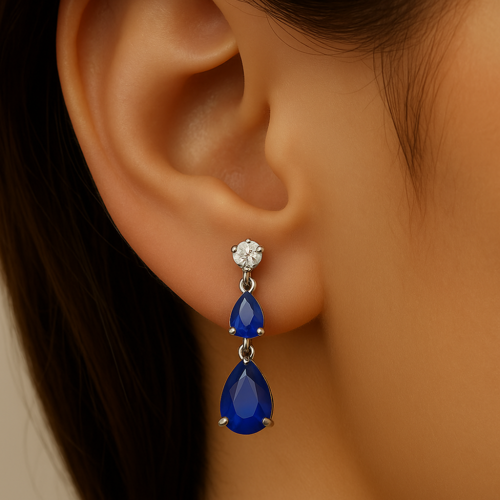 SPECIAL!1.39ct G SI 14K White Gold Diamond & Pear Shape Blue Sapphire Gemstone Tear Drop Earrings