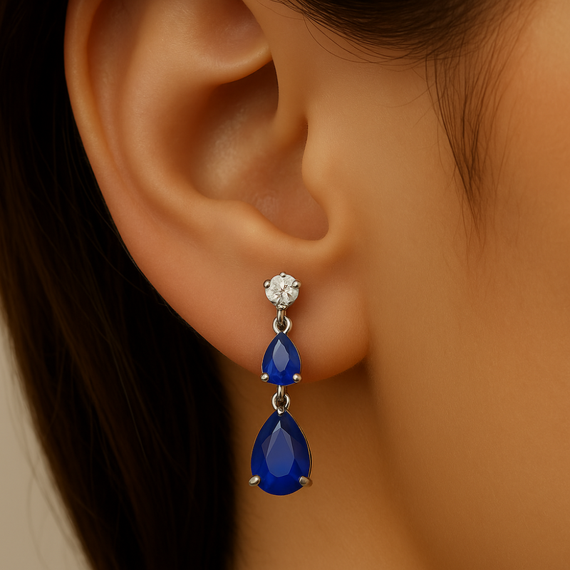 SPECIAL!1.39ct G SI 14K White Gold Diamond & Pear Shape Blue Sapphire Gemstone Tear Drop Earrings
