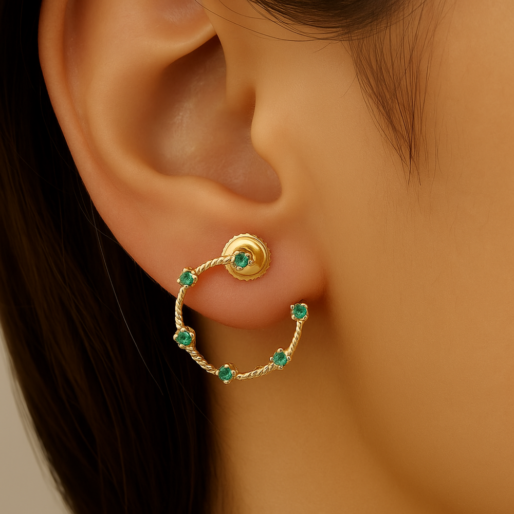 .17ct G SI 14K Yellow Gold Emerald Gemstone Open Hoop Earrings