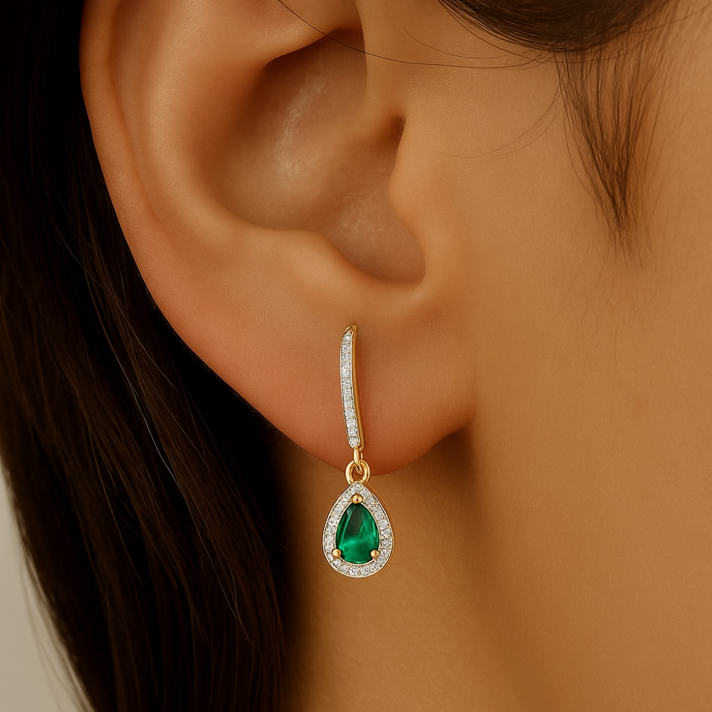 SPECIAL!.60ct G SI 14K Yellow Gold Diamond & Emerald Gemstone Drop Dangle Earrings