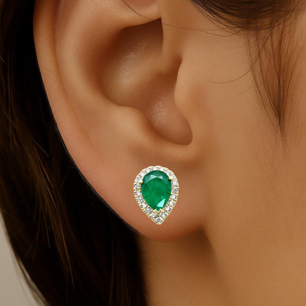 SPECIAL!1.43ct G SI 14K Yellow Gold Diamond & Emerald Gemstone Pear Teardrop Stud Earrings