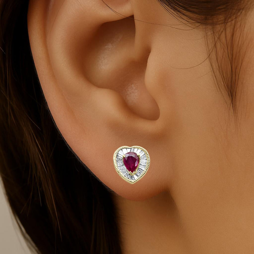 SPECIAL!.61ct G SI 14K Yellow Gold Diamond & Ruby Gemstone Heart Shape Earrings