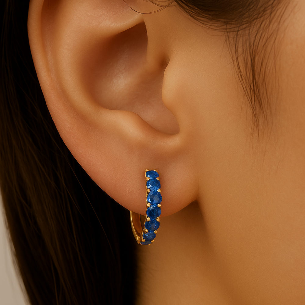 SPECIAL!.70ct 14K Yellow Gold Blue Sapphire Gemstone Hoop Earrings