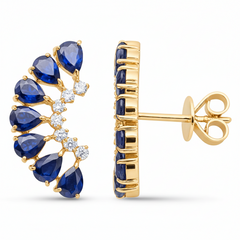 SPECIAL! 3.67ct G SI 14kt Yellow Gold Diamond & Pear Shape Blue Sapphire Gemstone Ear Crawler Earrings