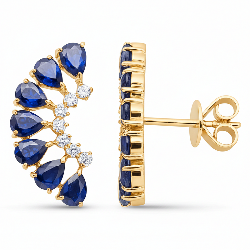SPECIAL! 3.67ct G SI 14kt Yellow Gold Diamond & Pear Shape Blue Sapphire Gemstone Ear Crawler Earrings