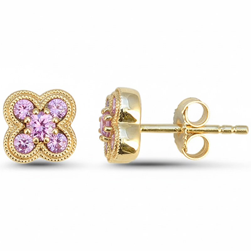 SPECIAL! .47ct G SI 14kt Yellow Gold Pink Sapphire Gemstone Clover Earrings