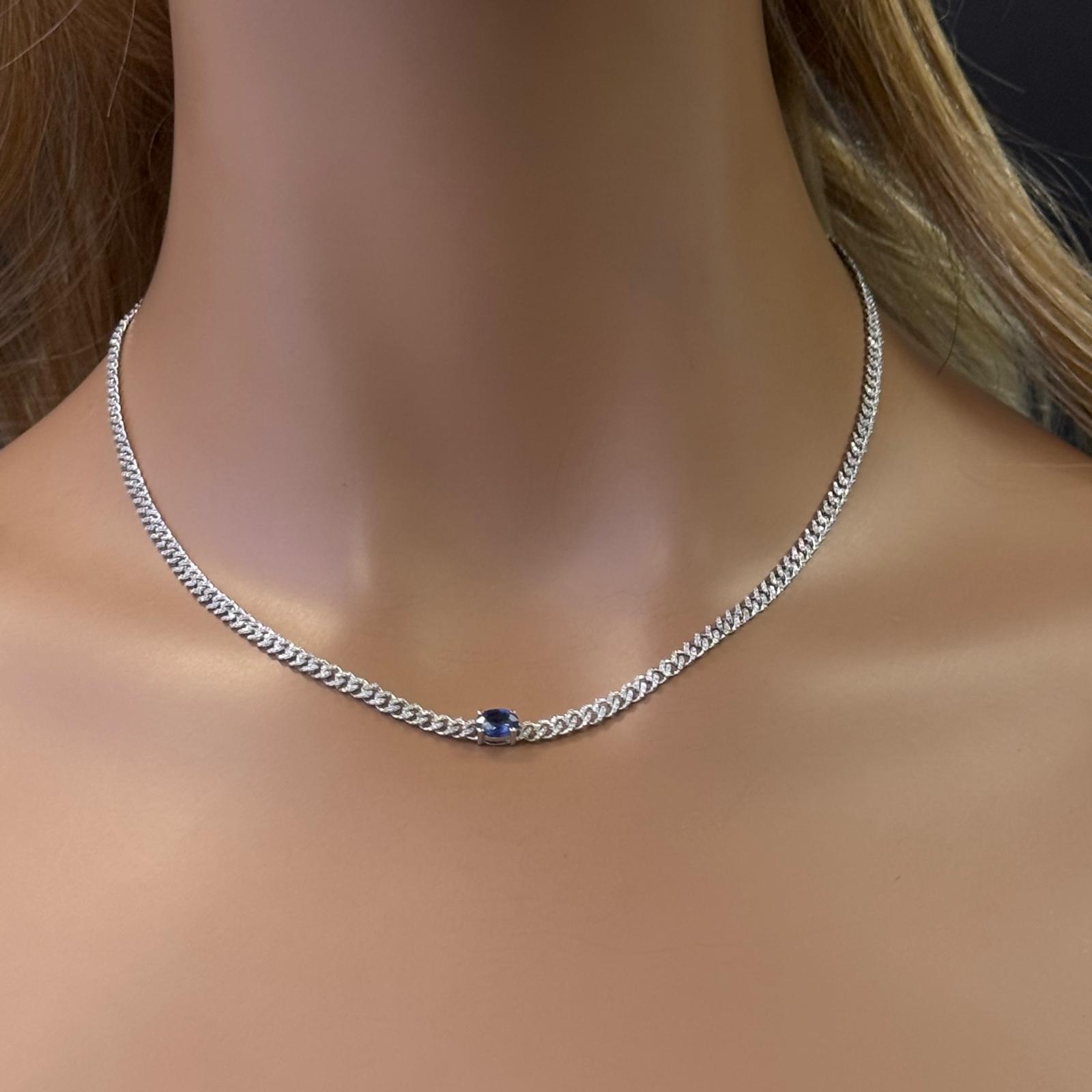 GEMSTONE CLOSEOUT!  1.83ct G SI 14K White Gold Oval Shaped Blue Sapphire Gemstone & Diamond Cuban Necklace 13+3" Long