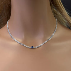 GEMSTONE CLOSEOUT!  1.83ct G SI 14K White Gold Oval Shaped Blue Sapphire Gemstone & Diamond Cuban Necklace 13+3" Long