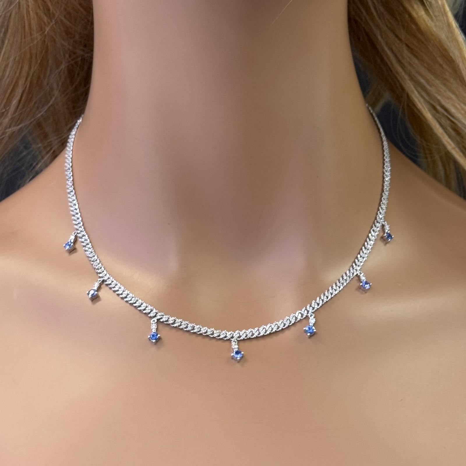 GEMSTONE CLOSEOUT!  2.18ct G SI 14K White Gold Diamond & Blue Sapphire Cuban Chain Necklace 12+4"Long