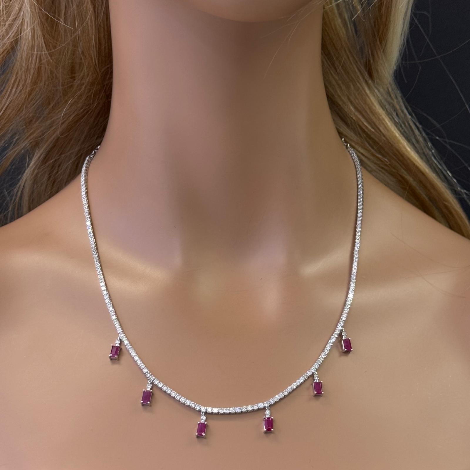 GEMSTONE CLOSEOUT!  6.29ct G SI 14K White Gold Diamond & Ruby Tennis Necklace 13" + 6" EXT