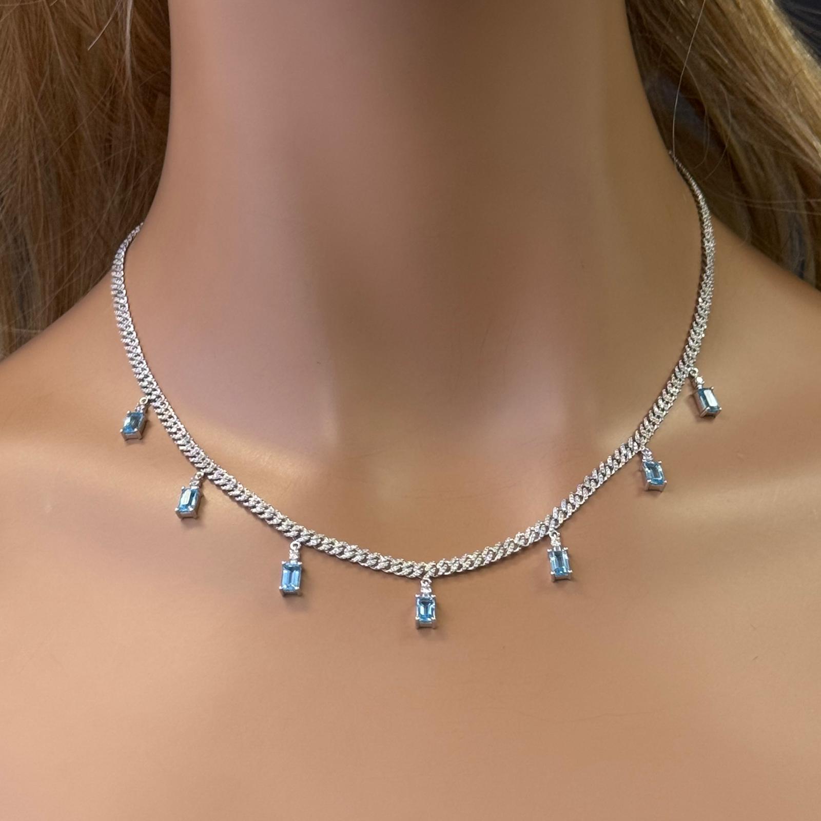 GEMSTONE CLOSEOUT!  3.80ct G SI 14K White Gold Diamond & Aquamarine Cuban Necklace 12" + 4" EXT