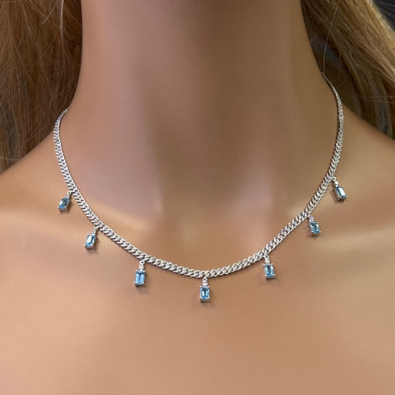 GEMSTONE CLOSEOUT!  3.80ct G SI 14K White Gold Diamond & Aquamarine Cuban Necklace 12" + 4" EXT