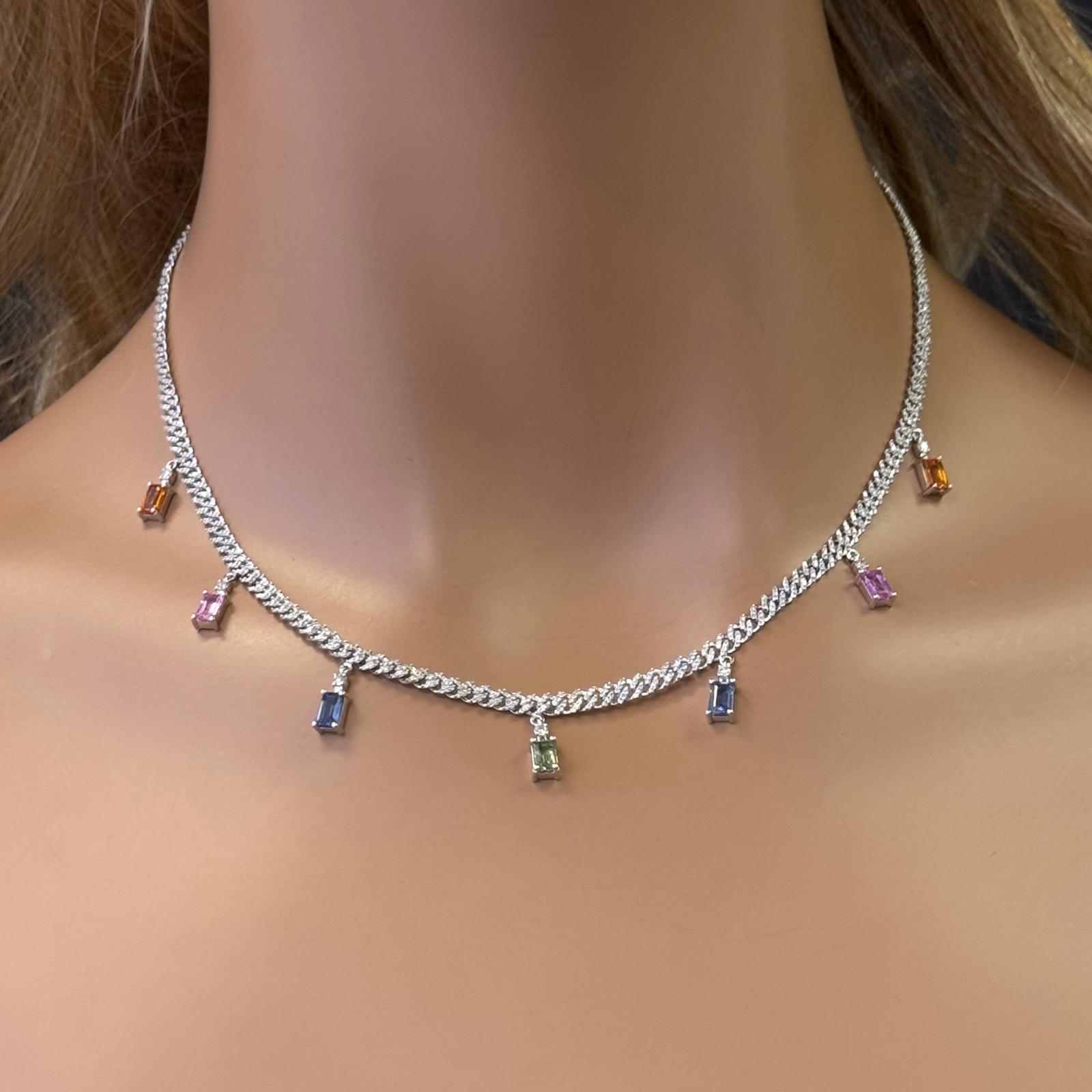 GEMSTONE CLOSEOUT!  3.93ct G SI 14K White Gold Diamond & Multi Color 3MM Cuban Link Necklace 12" + 4" EXT