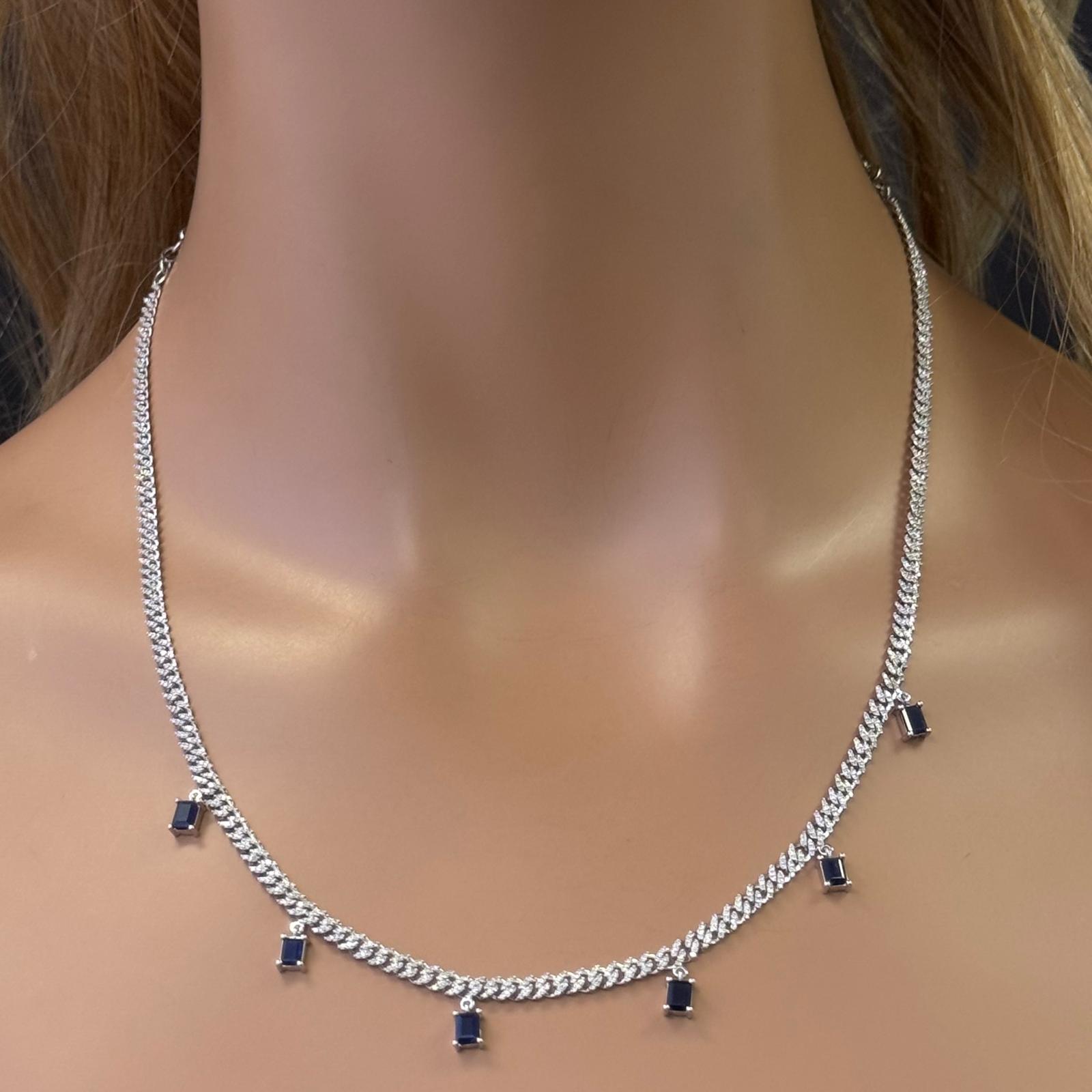 GEMSTONE CLOSEOUT!  2.82ct G SI 14K White Gold Diamond & Blue Sapphire Cuban Link Necklace 13" + 6" EXT