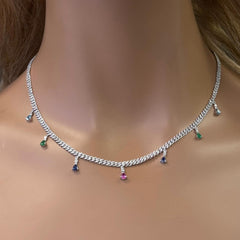 GEMSTONE CLOSEOUT!  2.74ct G SI 14K White Gold Diamond & Multi Color Gemstone Cuban Necklace 14" + 2" EXT