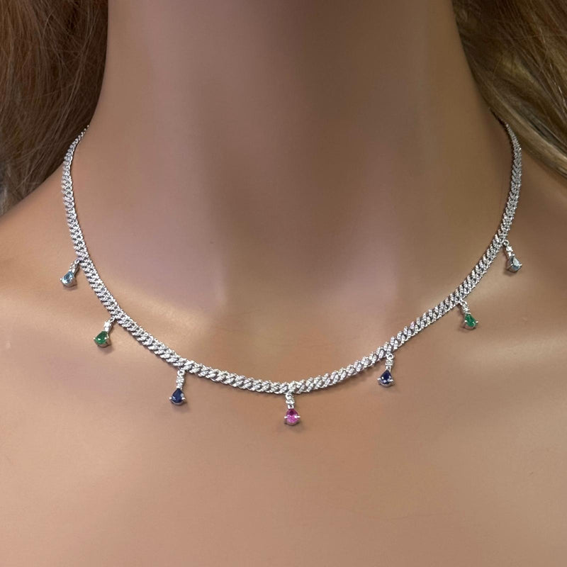GEMSTONE CLOSEOUT!  2.74ct G SI 14K White Gold Diamond & Multi Color Gemstone Cuban Necklace 14" + 2" EXT