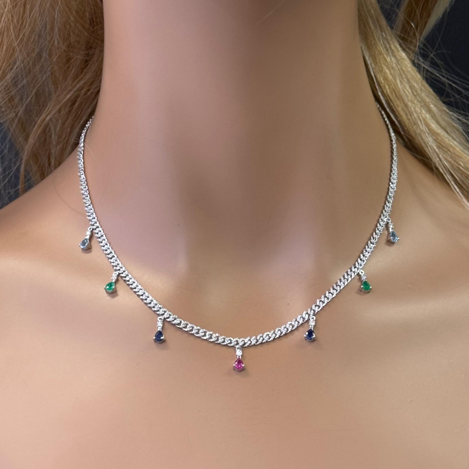 GEMSTONE CLOSEOUT!  2.52ct G SI 14K White Gold Diamond & Multi Color Gemstone Cuban Link Necklace 12" + 2" EXT