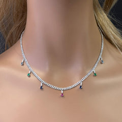 GEMSTONE CLOSEOUT!  2.52ct G SI 14K White Gold Diamond & Multi Color Gemstone Cuban Link Necklace 12" + 2" EXT