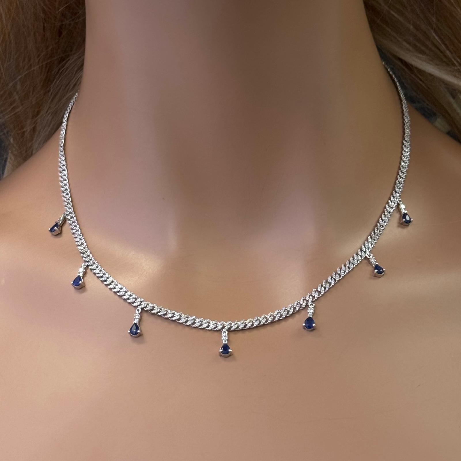 GEMSTONE CLOSEOUT!  2.44ct G SI 14k White Gold Diamond & Blue Sapphire Cuban Link Necklace 14" + 2" EXT