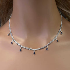 GEMSTONE CLOSEOUT!  2.44ct G SI 14k White Gold Diamond & Blue Sapphire Cuban Link Necklace 14" + 2" EXT