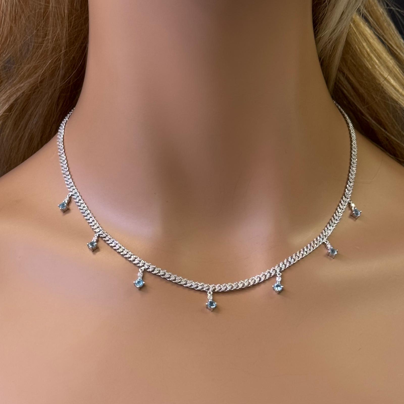 GEMSTONE CLOSEOUT!  2.27ct G SI 14K White Gold Diamond & Aquamarine Cuban Link Necklace 12" + 4" Long