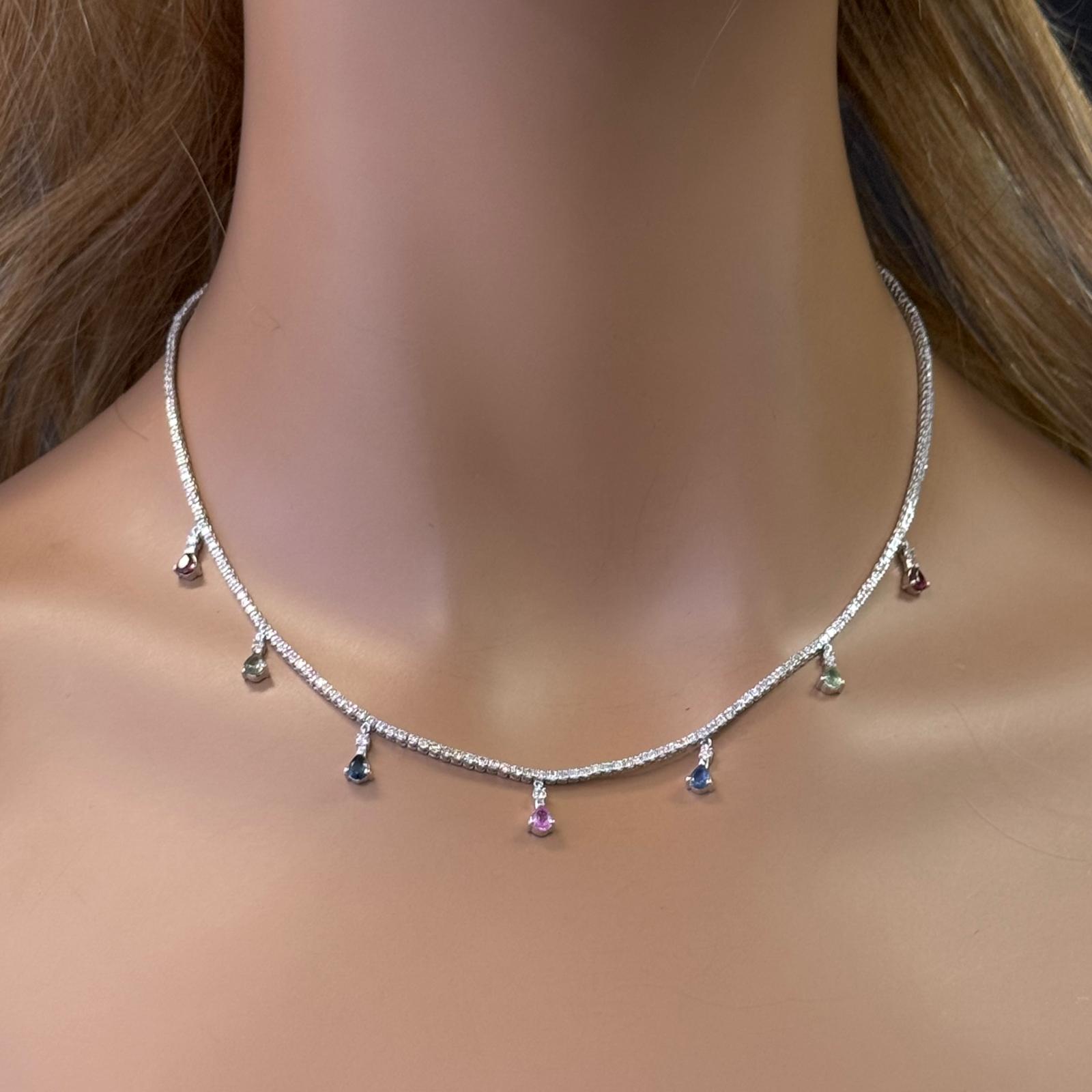 GEMSTONE CLOSEOUT!  3.32ct G SI 14K White Gold Diamond & Multi Color Gemstone Tennis Necklace 14" + 2" Long