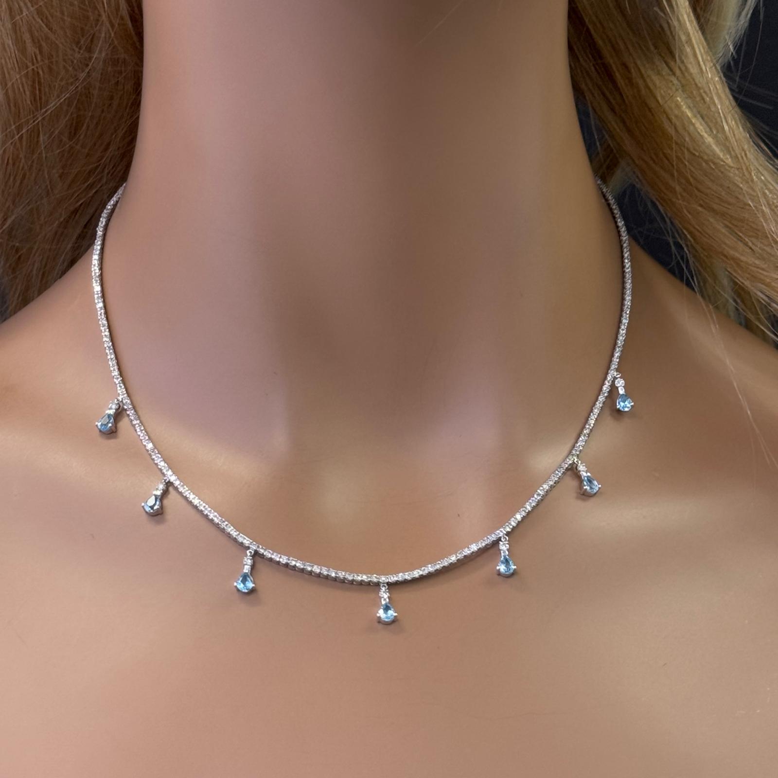 GEMSTONE CLOSEOUT!  3.36ct G SI 14K White Gold Diamond & Aquamarine Gemstone Tennis Necklace 14" + 2" Long