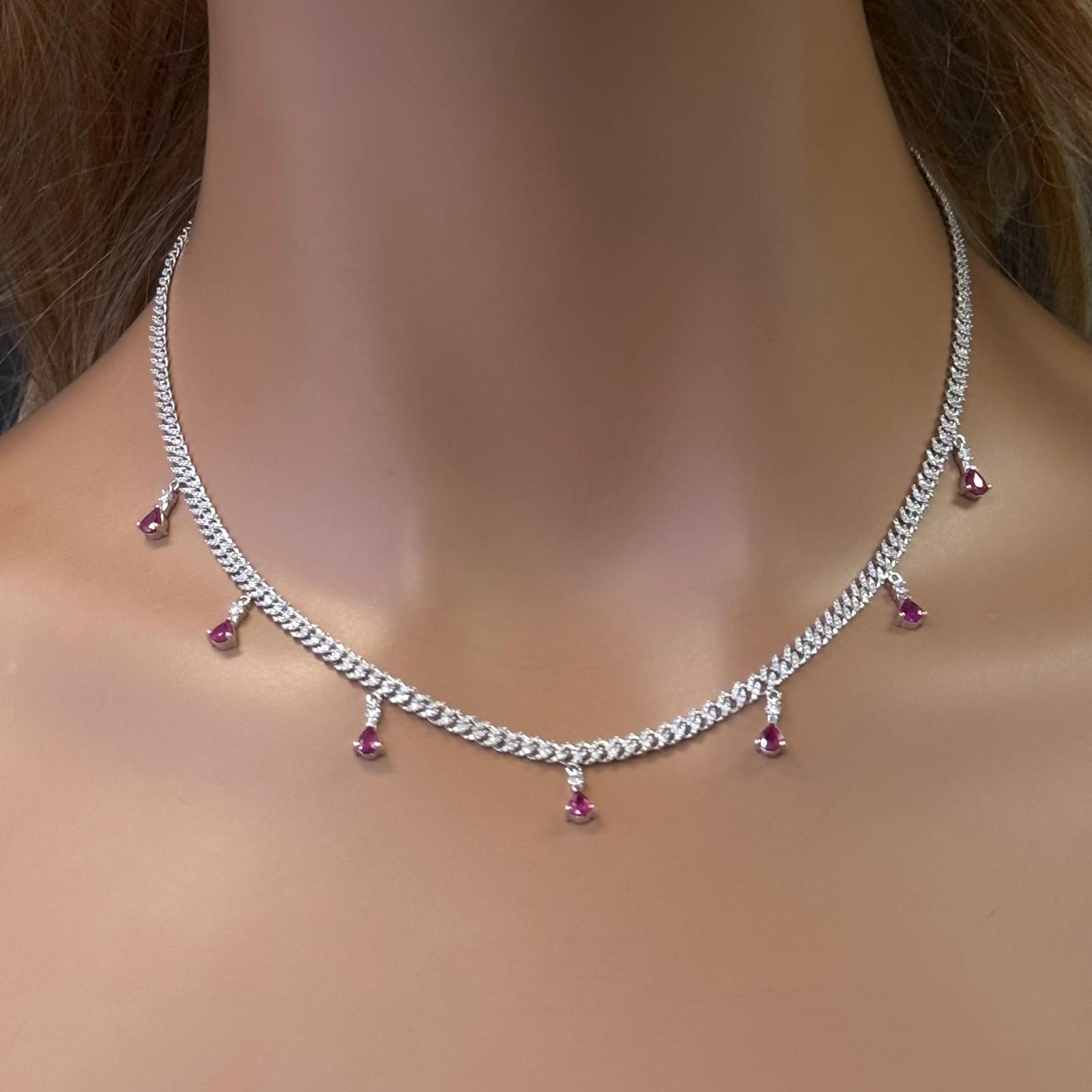 GEMSTONE CLOSEOUT!  2.56ct G SI 14K White Gold Diamond & Ruby Gemstone Cuban Necklace 12" + 4" Long