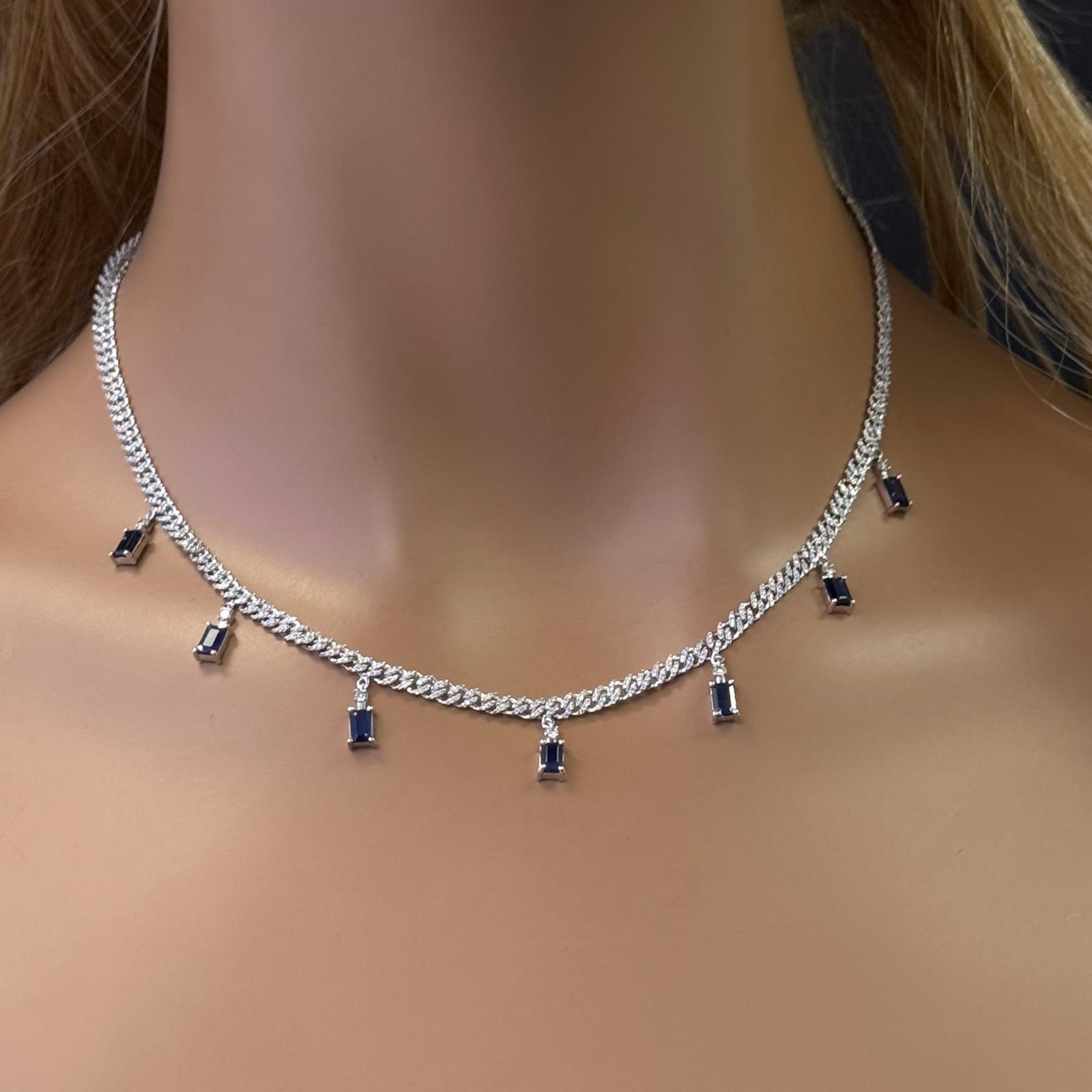 GEMSTONE CLOSEOUT!  3.24ct G SI 14K White Gold Diamond & Blue Sapphire Gemstone Cuban Necklace 12" + 4" Long